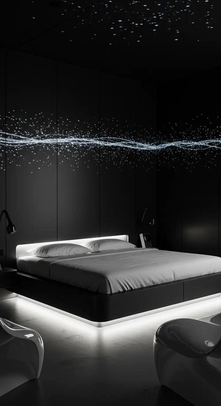 Dormitorio futurista negro con techo de estrellas de fibra óptica y cama con luces LED.