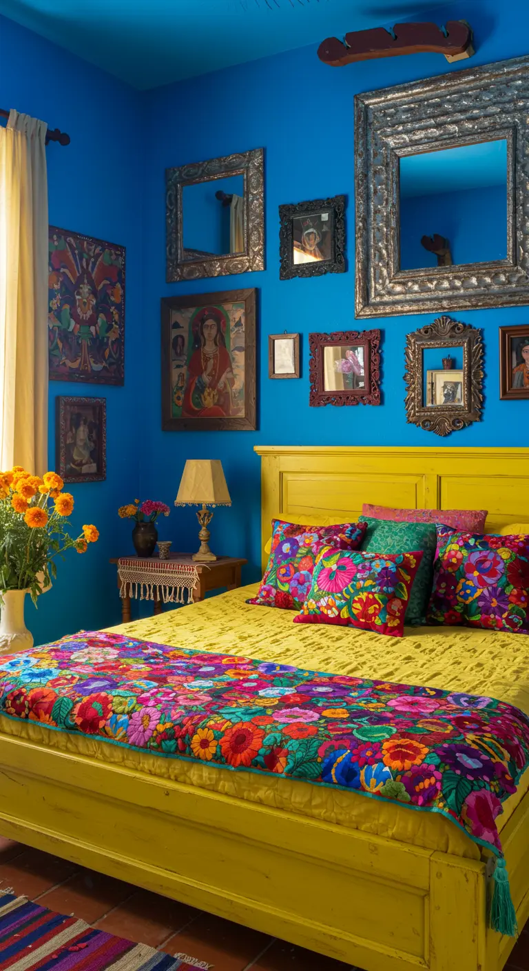 Dormitorio maximalista con cama amarilla, paredes azules y una profusión de textiles y cuadros coloridos.