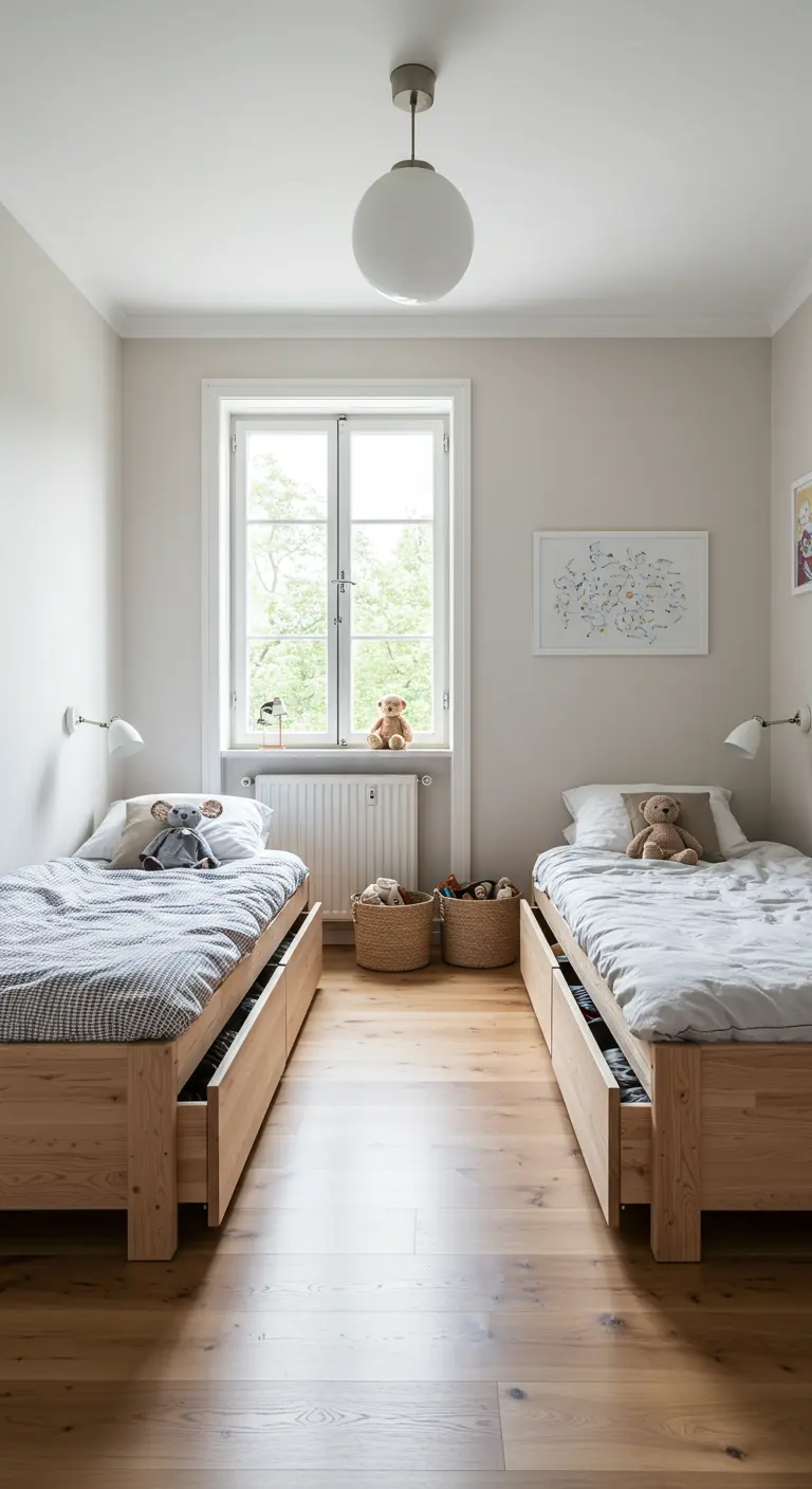 Habitación infantil con dos camas gemelas de madera, cada una con su propio cajón de almacenaje.