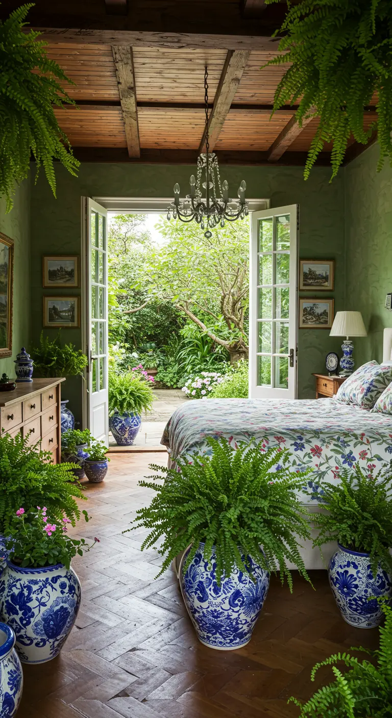 Dormitorio verde con puertas abiertas a un jardín exuberante y macetas de cerámica.