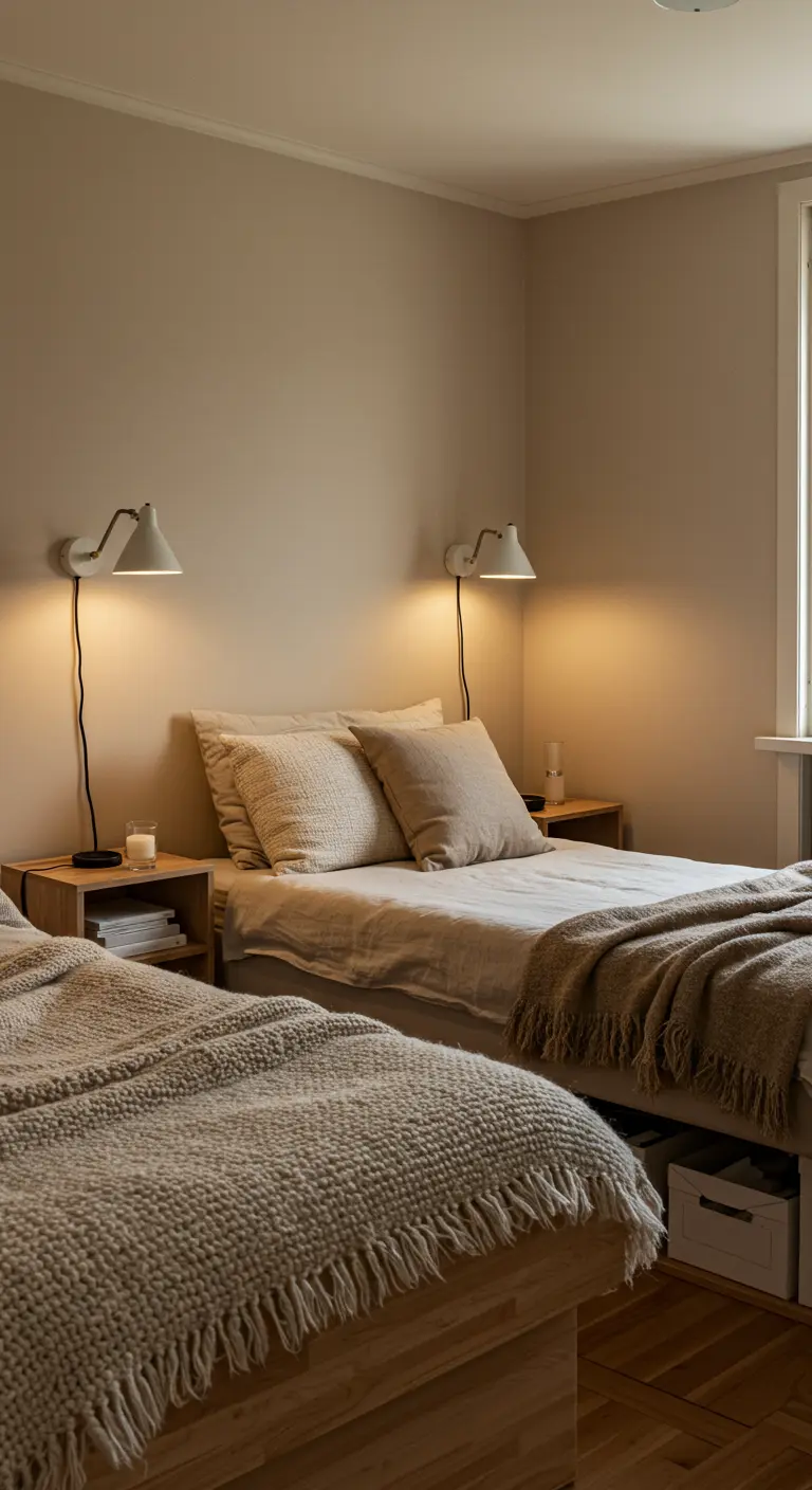 Habitación compartida con dos camas de madera gemelas, textiles neutros y apliques de pared.