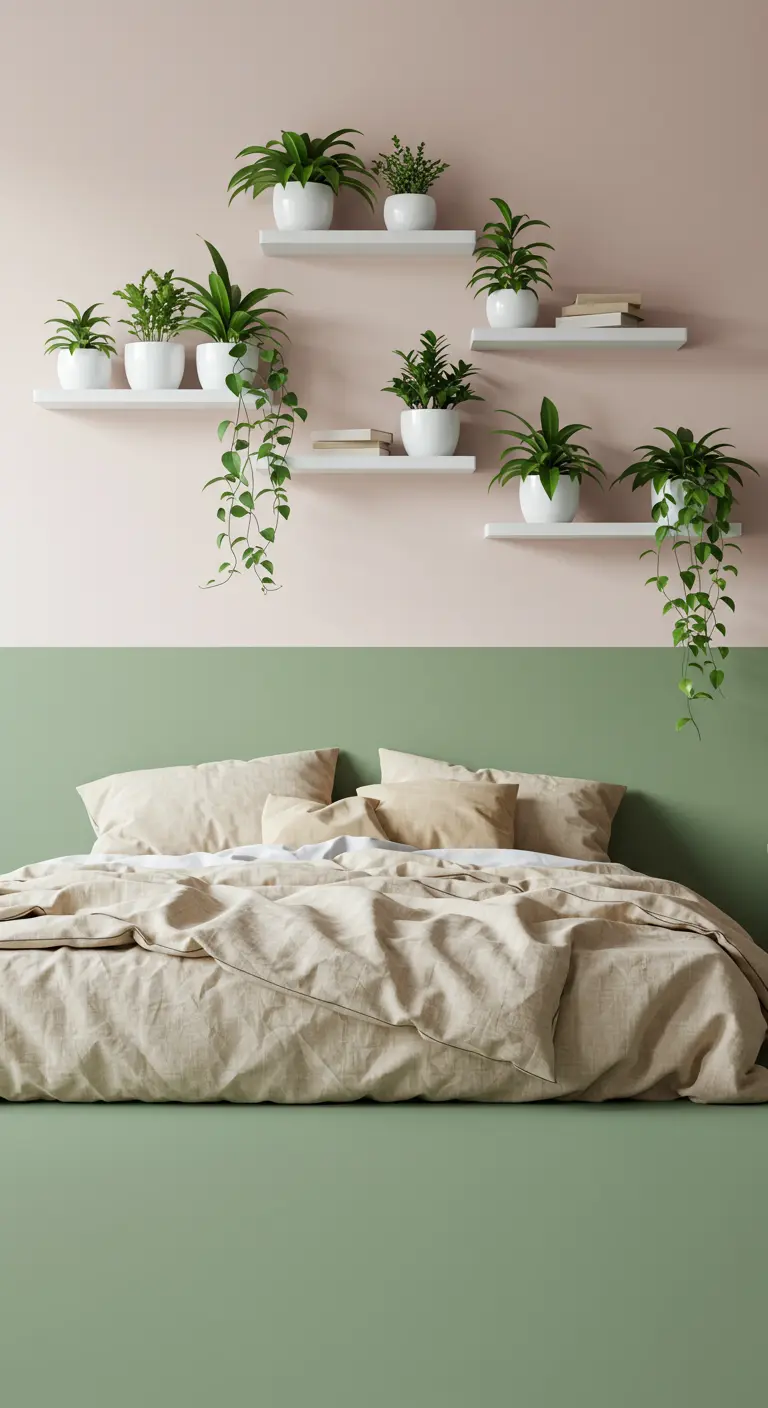 Pared de dormitorio pintada en dos colores, rosa pastel arriba y verde salvia abajo, con plantas.