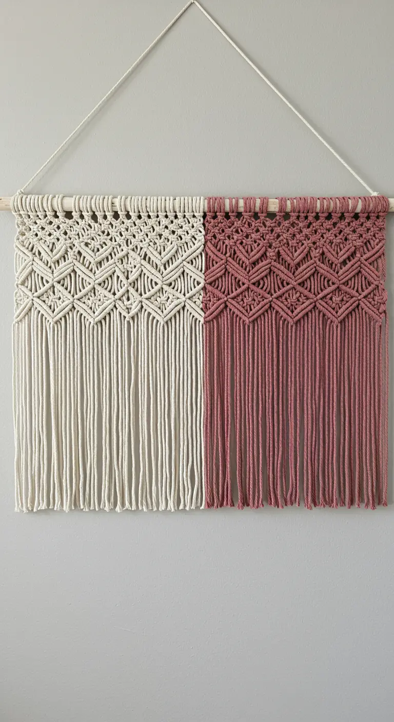 Cabecero de macramé dividido en dos colores, una mitad en crudo y la otra en rosa empolvado.