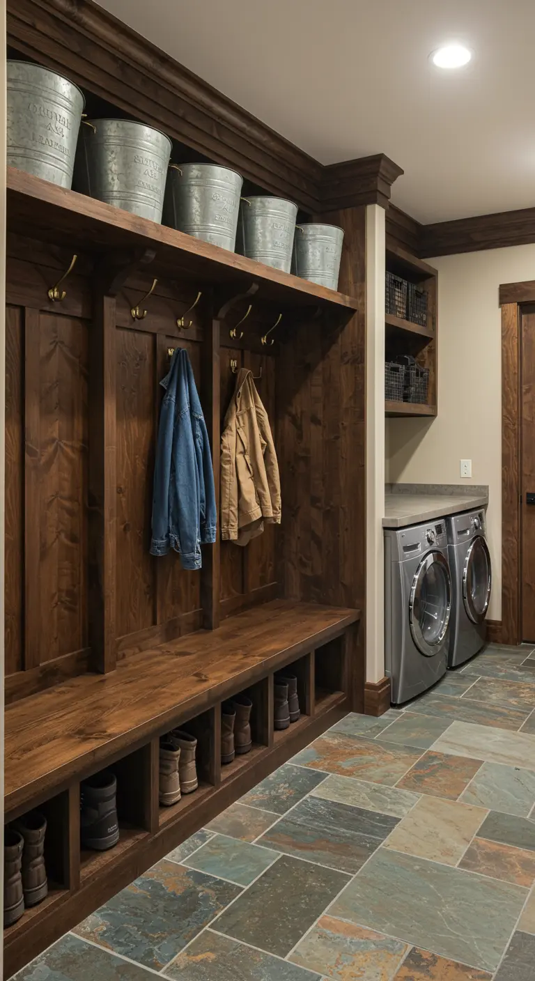 Lavandería y recibidor combinados con muebles de madera oscura y suelo de pizarra.