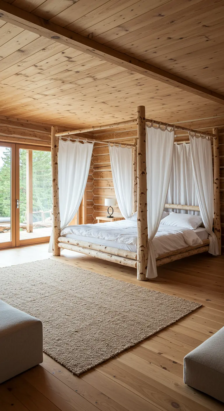 Cama con dosel hecha con troncos de abedul y cortinas blancas en una cabaña de madera.
