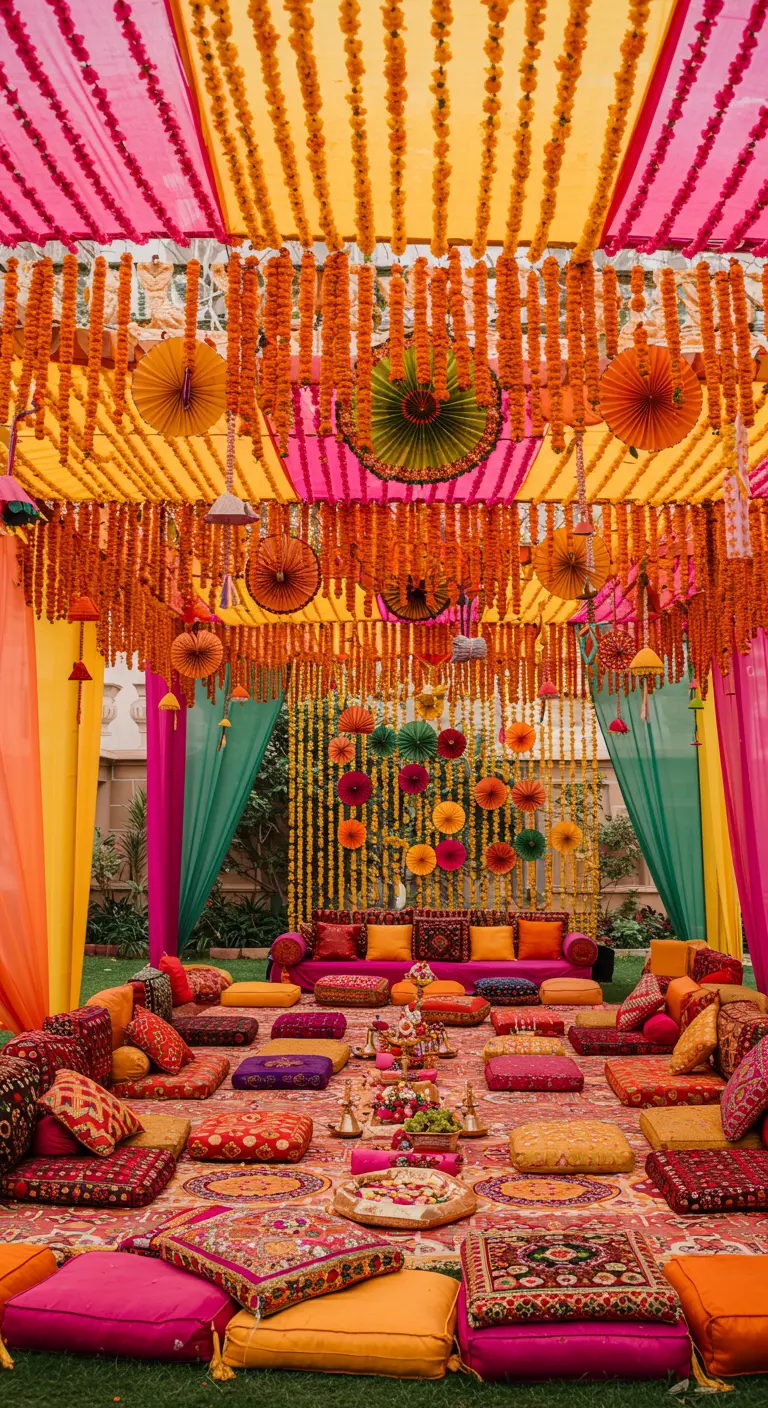 Interior de una carpa de bodas india decorada con guirnaldas de caléndulas y abanicos de papel.