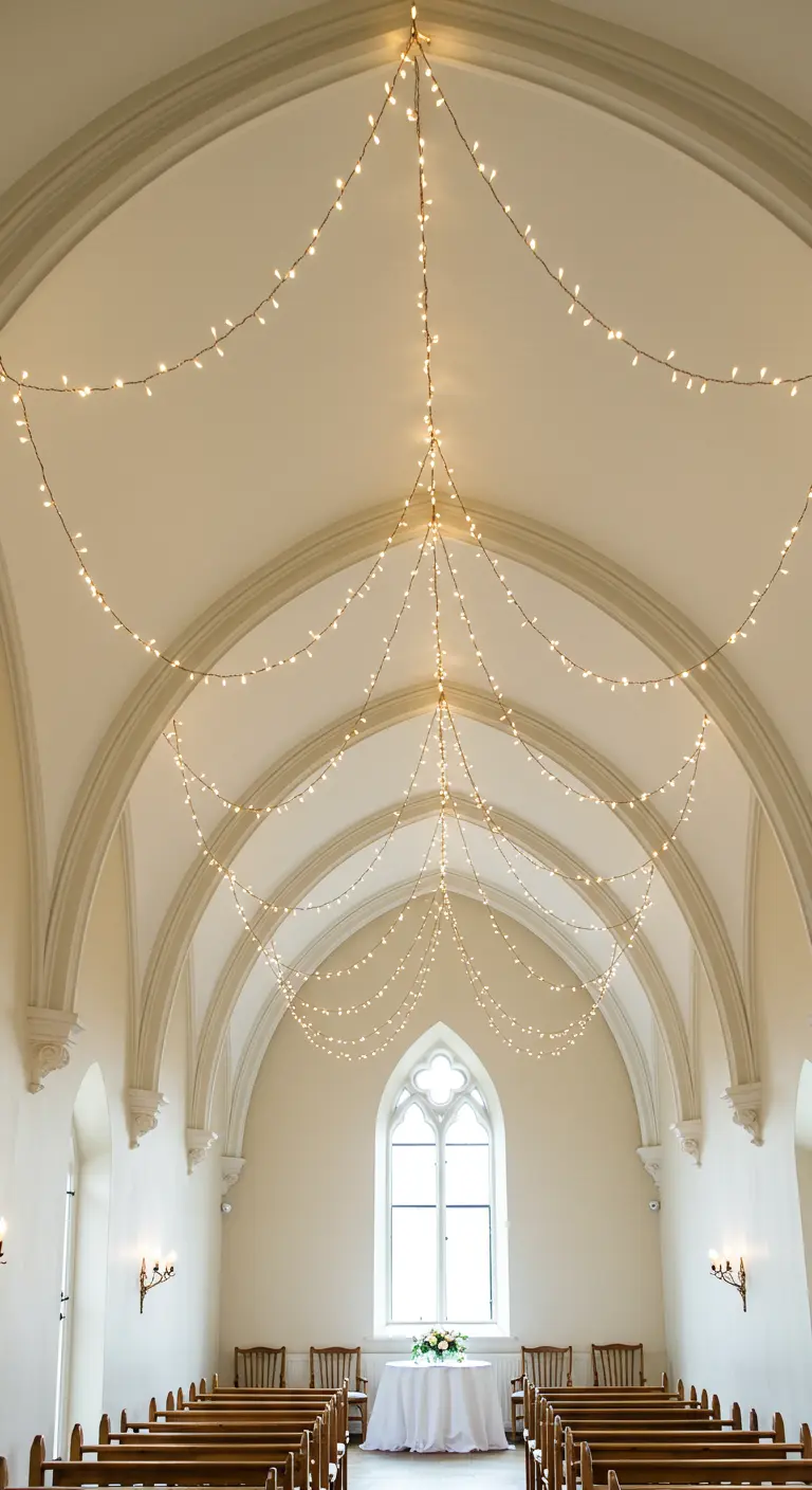 Interior de una capilla blanca y minimalista con luces de hadas colgando del techo abovedado.