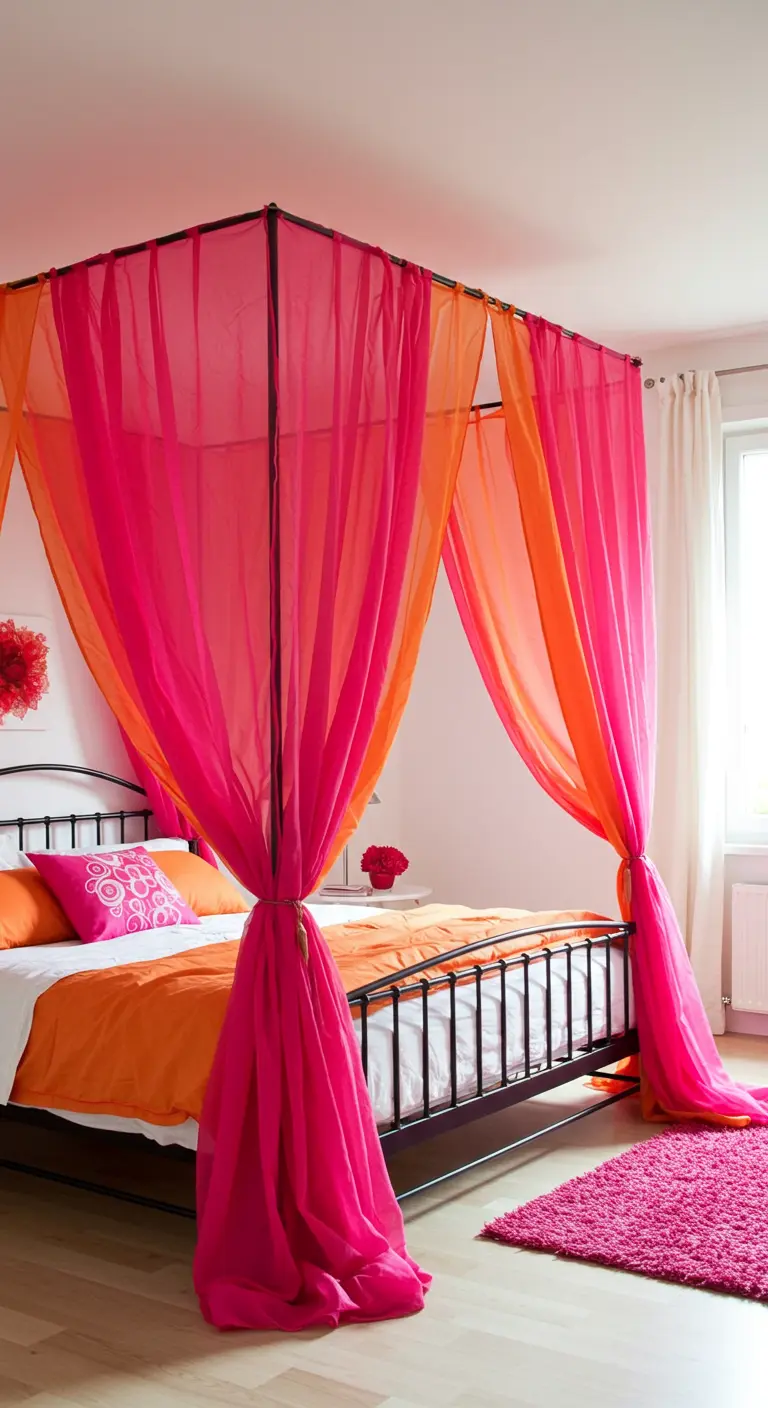 Cama con dosel y cortinas transparentes de color fucsia y naranja en un dormitorio luminoso.