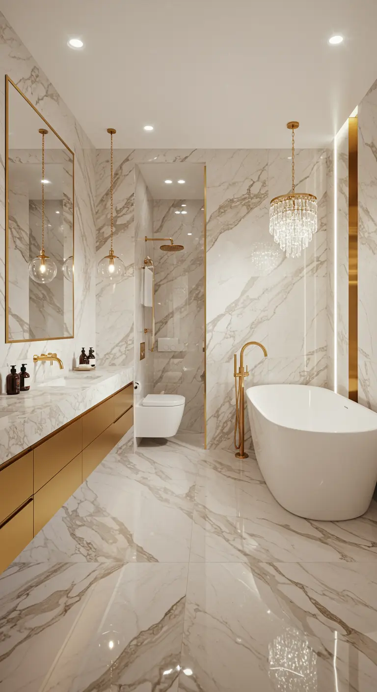 Baño de lujo con paredes de mármol blanco, bañera exenta y grifería dorada