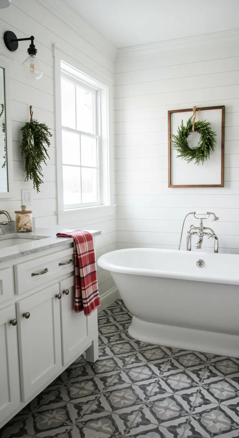 Baño blanco con una pequeña corona en un marco y una toalla de cuadros rojos.