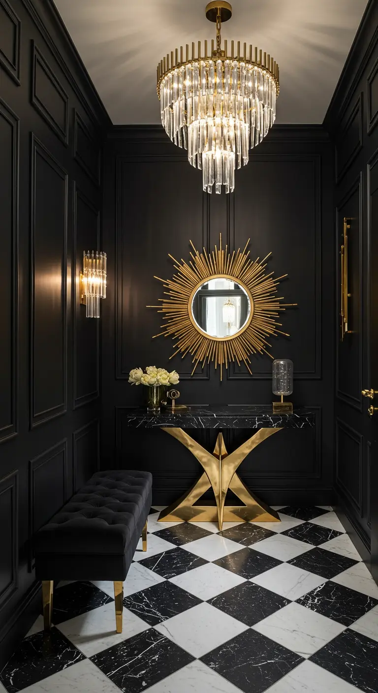 Recibidor Art Déco con paredes negras, suelo de damero, espejo sol y lámpara de cristal.