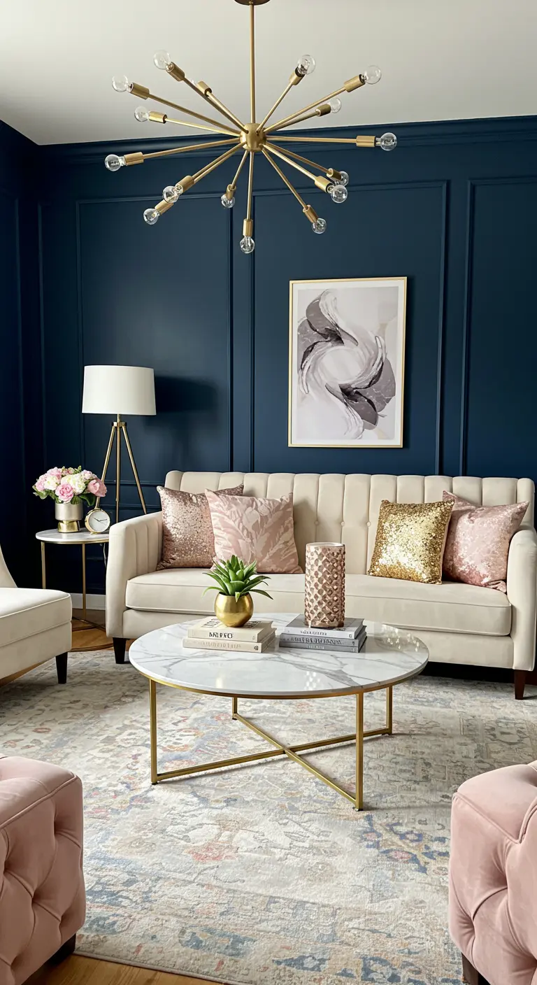 Salón con paredes azul marino, sofá beige con cojines rosas y dorados, y lámpara sputnik