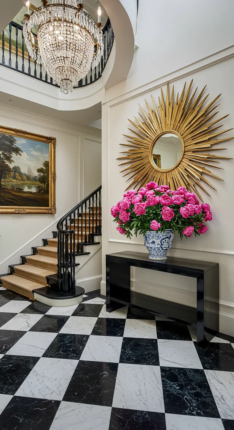 Entrada de lujo con suelo damero, espejo sol dorado, consola negra y peonías fucsias.