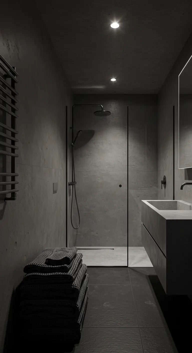 Baño oscuro y minimalista con paredes de cemento pulido y accesorios en negro mate