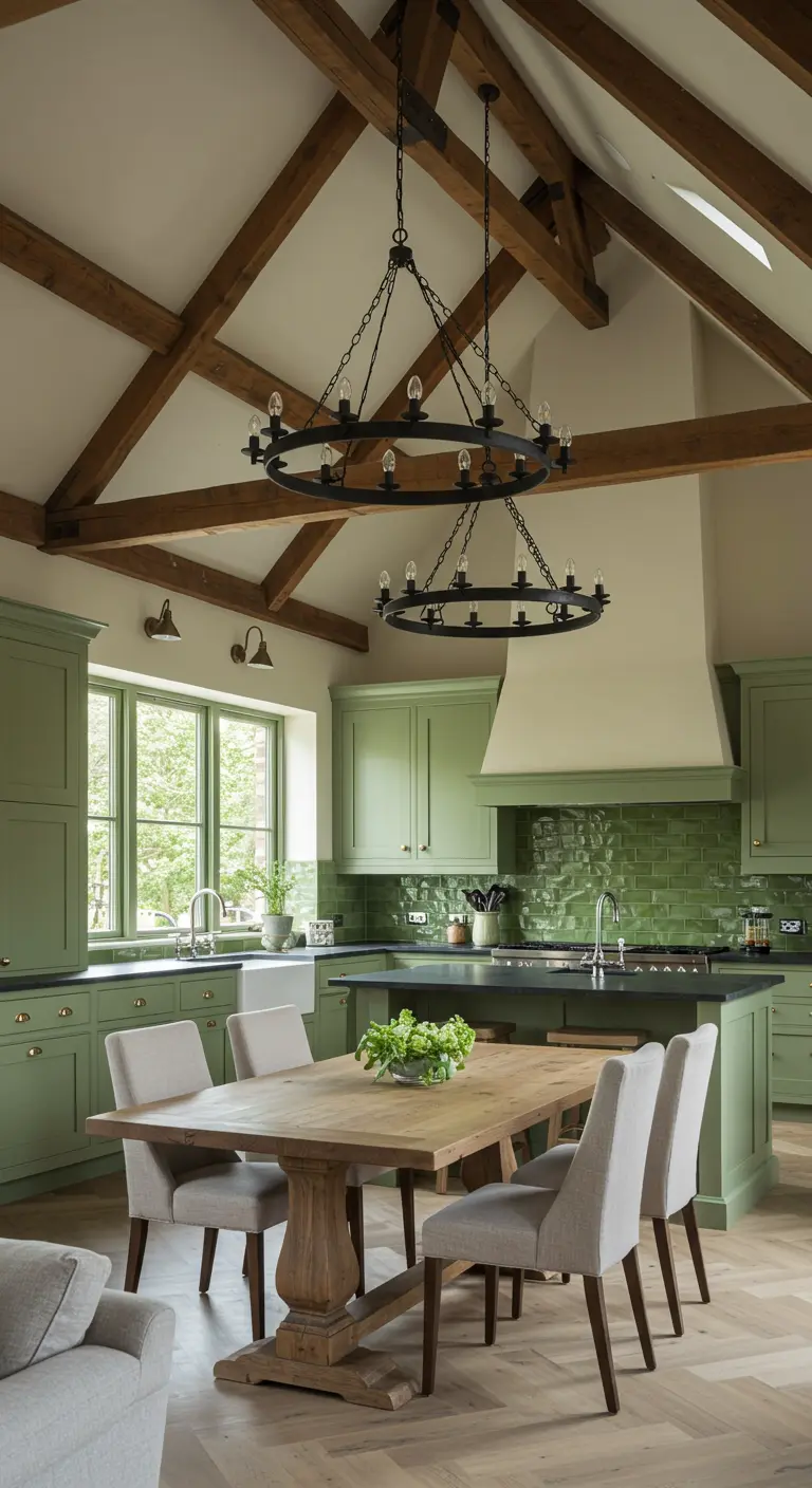 Cocina grande con techos altos, vigas de madera y gabinetes verde oliva.