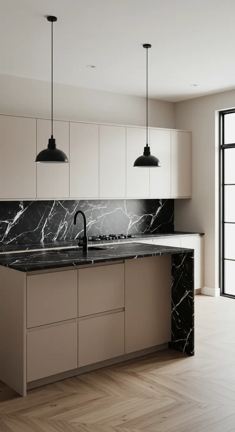 Cocina beige moderna con salpicadero e isla de mármol negro veteado.