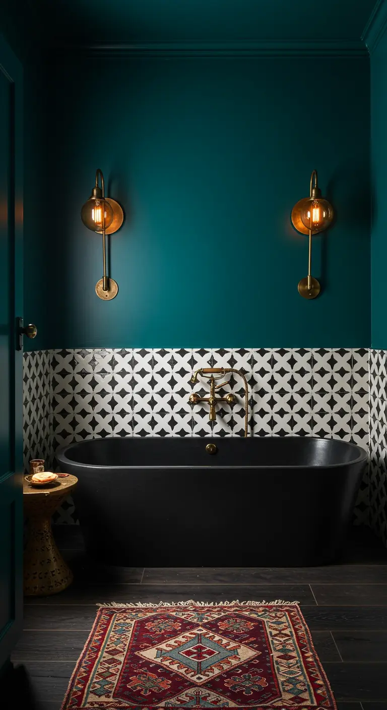 Baño elegante con paredes verde oscuro, bañera negra y zócalo de azulejos geométricos