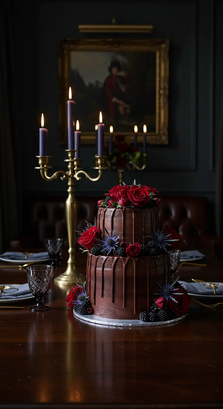 Pastel de chocolate de dos pisos con rosas rojas y velas en un ambiente oscuro y elegante.