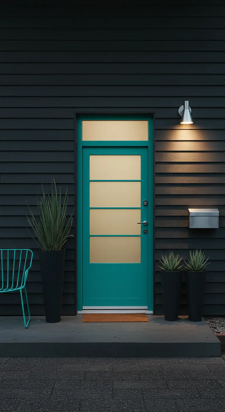 Entrada oscura con puerta turquesa brillante, silla a juego y una cálida iluminación nocturna.