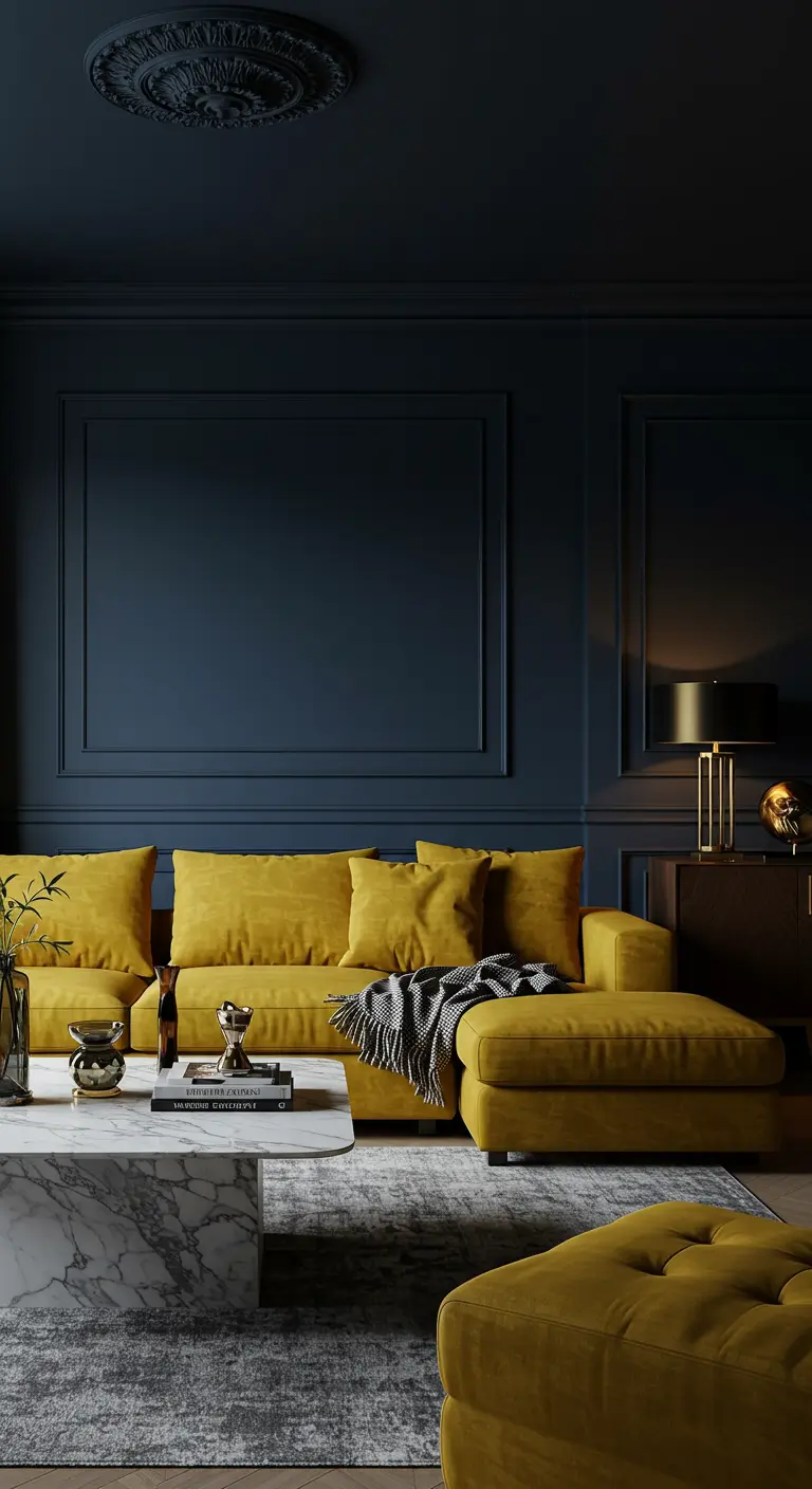 Sofá mostaza seccional contra una pared azul oscuro con molduras y detalles dorados.