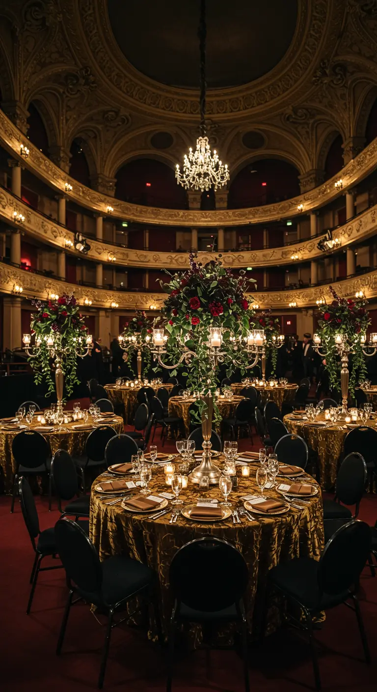 Mesas de boda en un teatro opulento, con manteles dorados y centros de mesa florales altos.