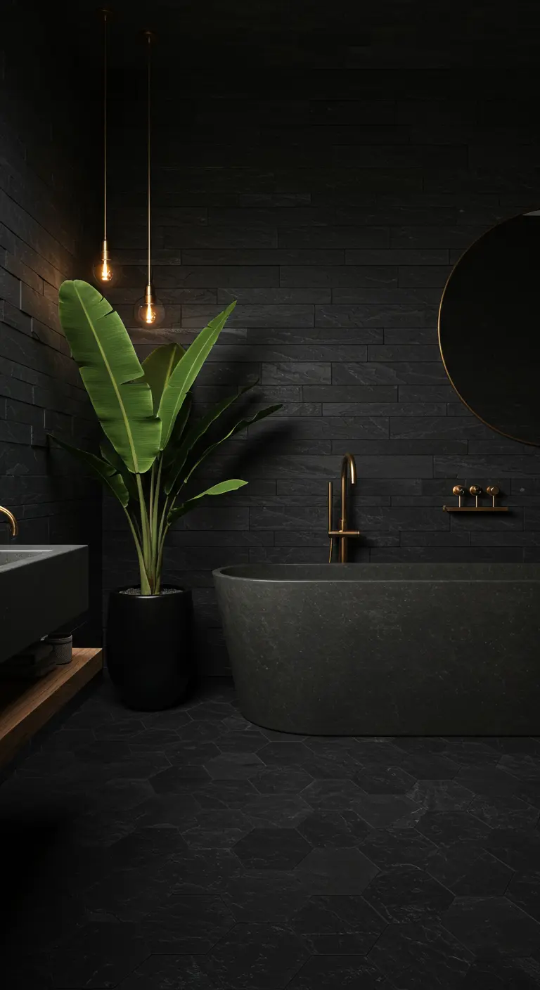 Baño oscuro y sofisticado con paredes negras, una gran planta tropical y detalles en latón.