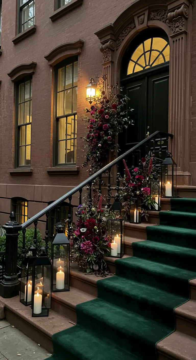 Escalera de entrada a un edificio de ladrillo con alfombra verde, farolillos y arreglos florales en tonos burdeos.