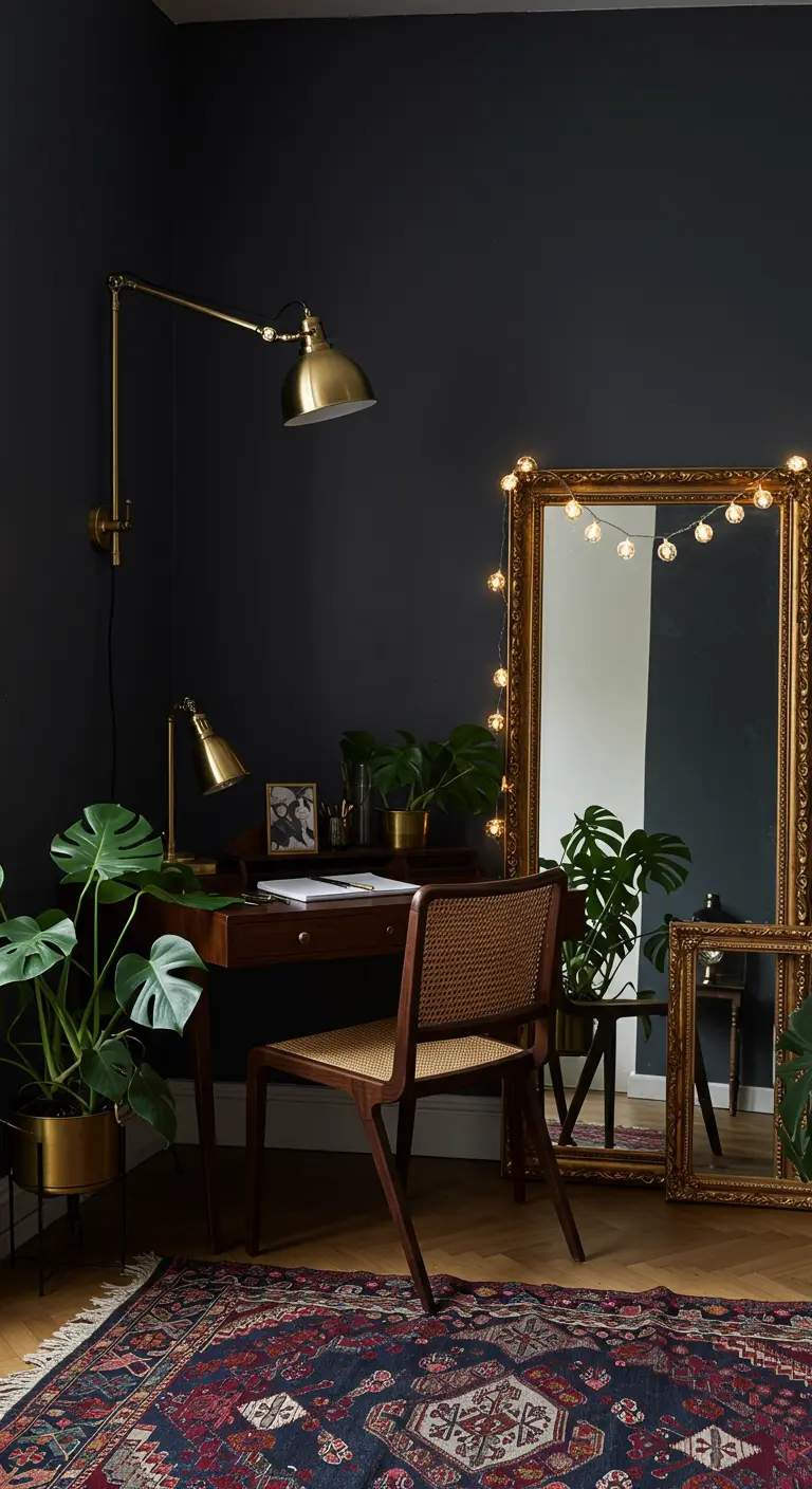 Oficina en casa elegante con paredes oscuras, espejo dorado y acentos de latón.