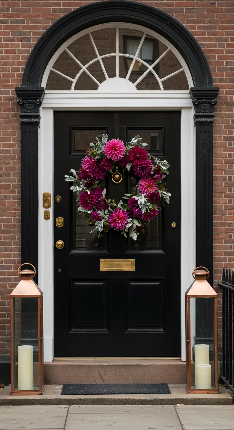 Corona de dalias fucsia y follaje plateado en una puerta negra.