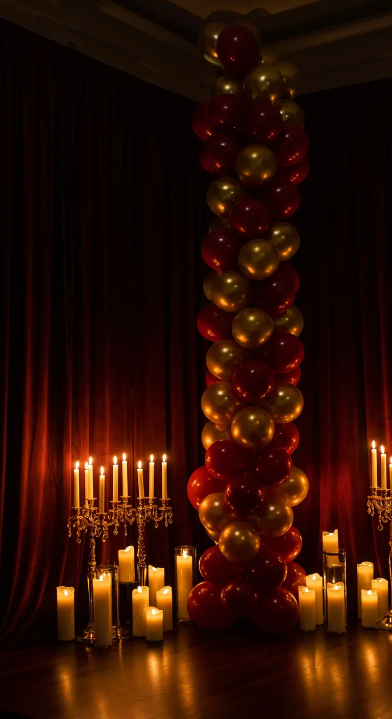 Columna de globos rojos y dorados junto a candelabros y velas frente a una cortina de terciopelo.