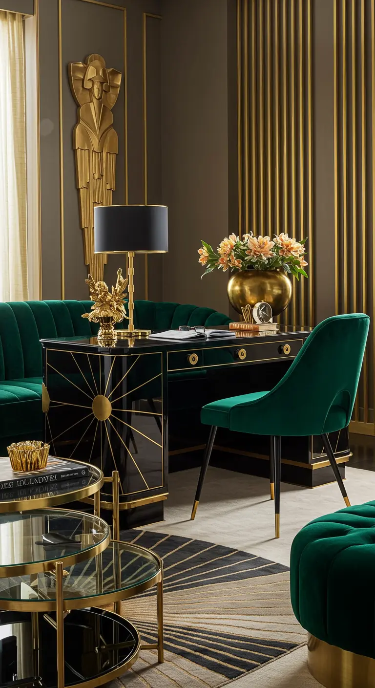Escritorio negro y dorado de estilo Art Decó con una silla de terciopelo verde.