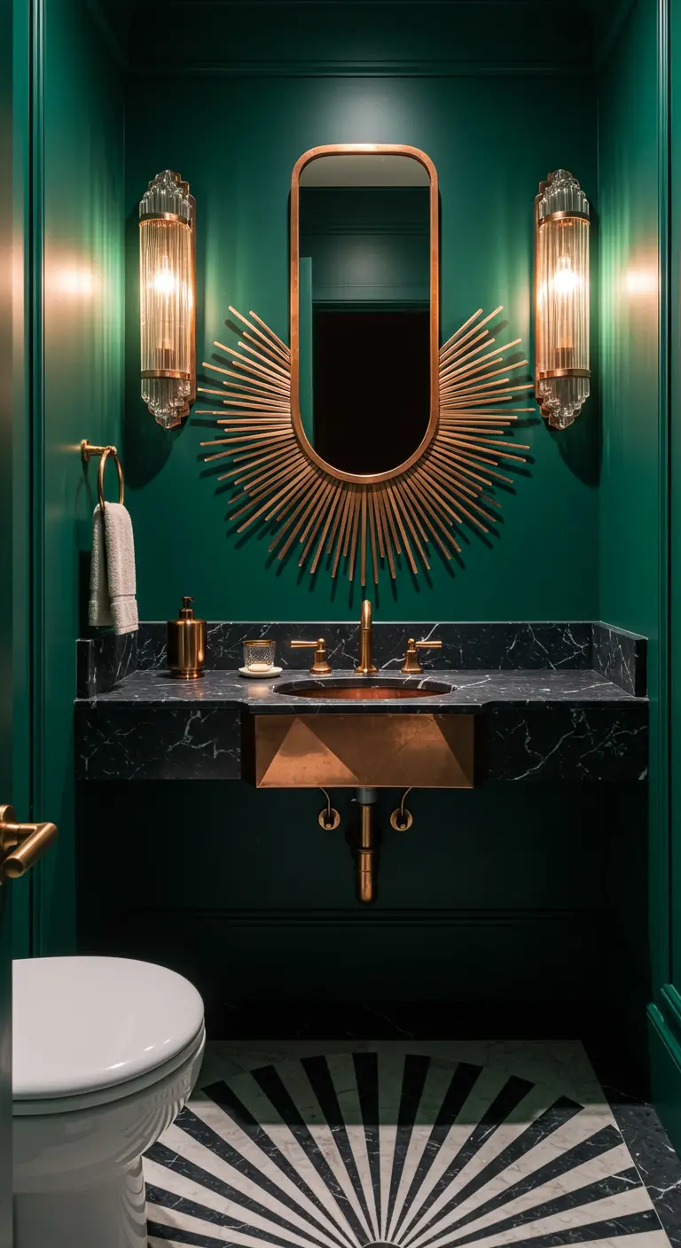 Baño Art Déco con paredes verde oscuro, espejo sol dorado y lavabo de cobre.