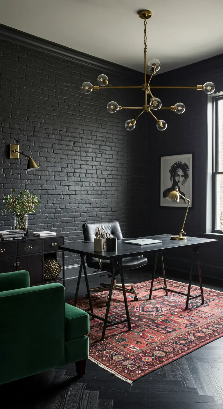 Oficina en casa con pared de ladrillo pintada de negro, lámpara dorada y un sillón de terciopelo verde.