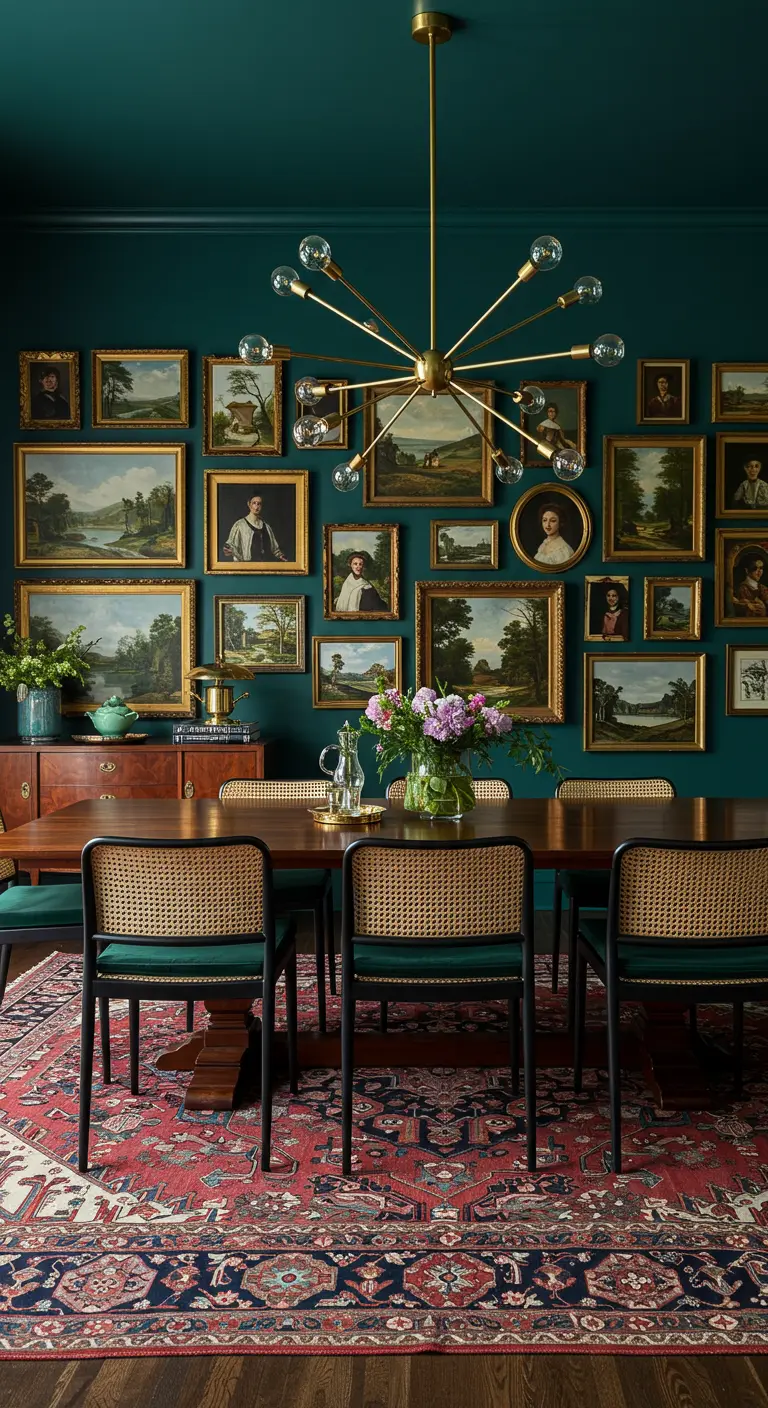 Comedor elegante con paredes verde oscuro, una gran galería de cuadros y lámpara sputnik dorada