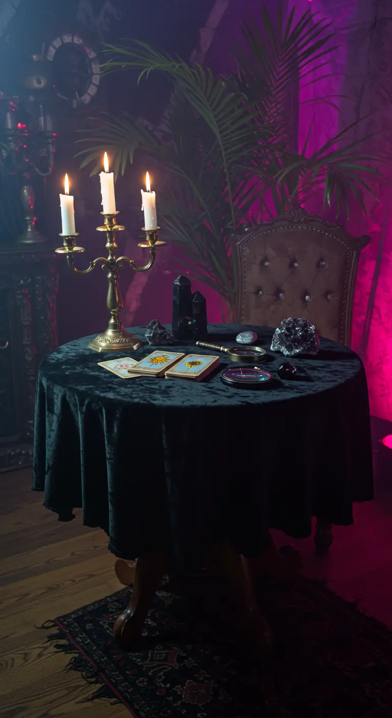 Mesa redonda con mantel de terciopelo negro, un candelabro encendido y cartas del tarot.