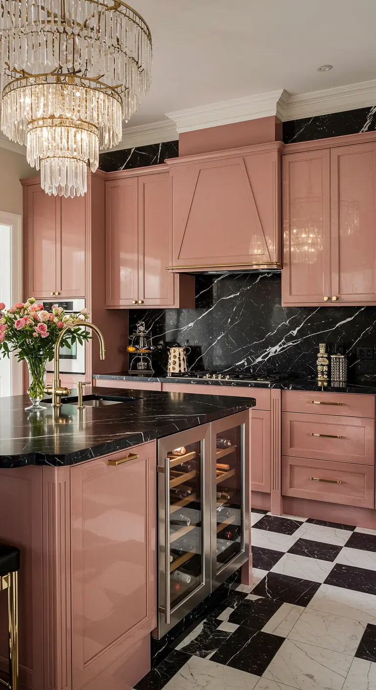 Cocina glamurosa con gabinetes rosa brillante, mármol negro y una gran lámpara de cristal.