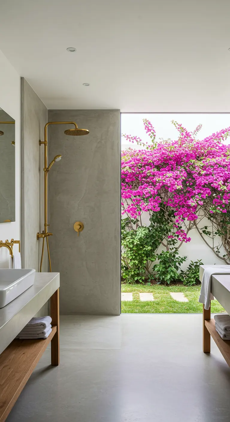 Ducha de microcemento con grifería dorada abierta a un jardín con buganvillas fucsias.