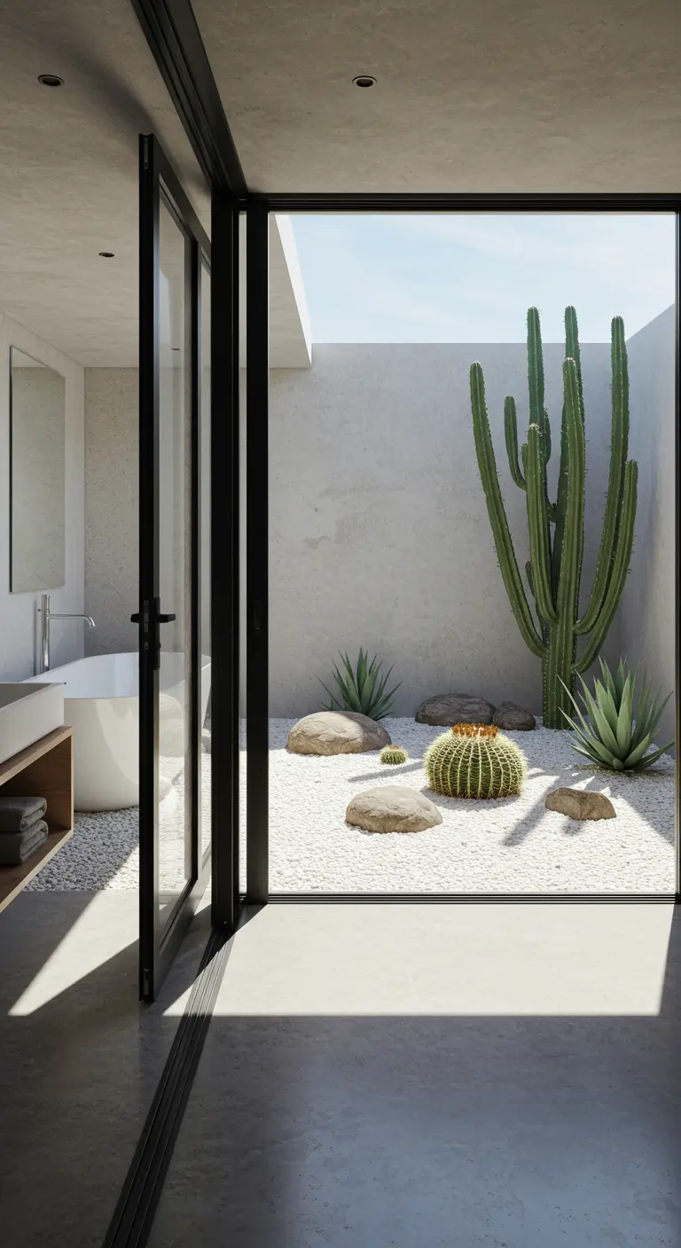 Baño que se abre a un patio con jardín de cactus y grava blanca.