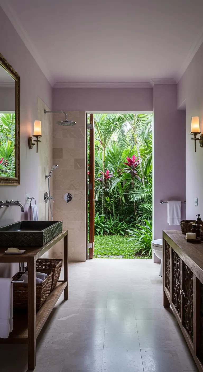 Baño con paredes lilas que se abre a un jardín tropical a través de una gran puerta