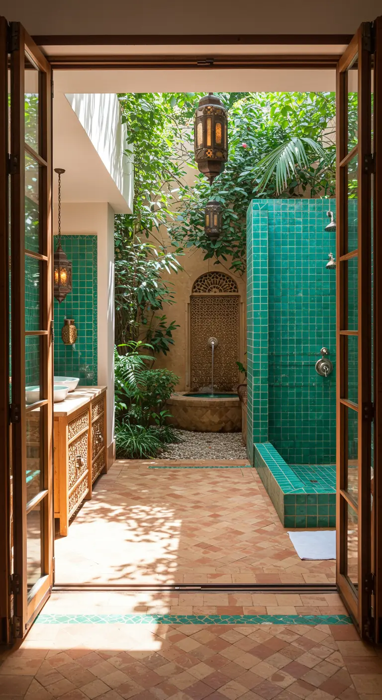 Baño que se abre a un patio interior con una ducha de azulejos verdes y mucha vegetación