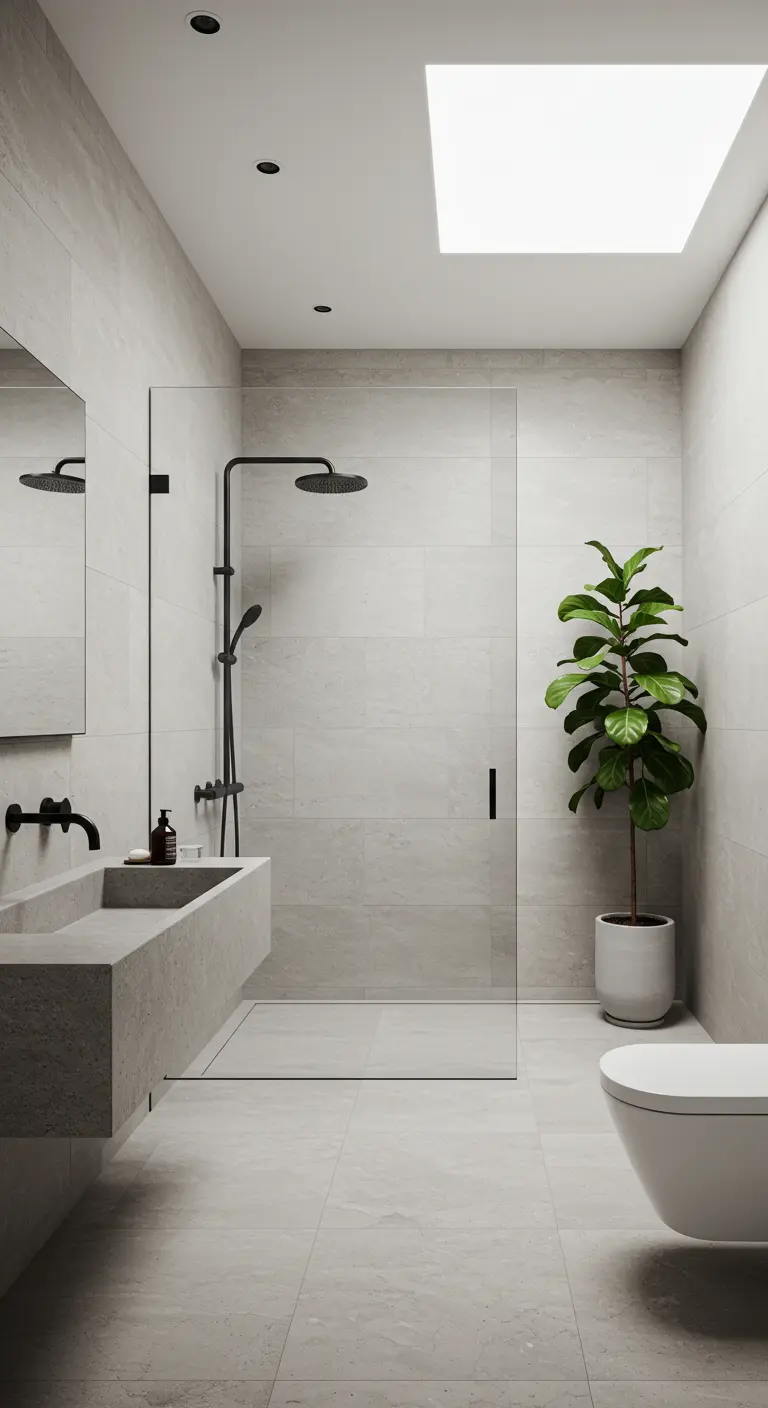 Baño minimalista con ducha a ras de suelo, tragaluz y una planta alta