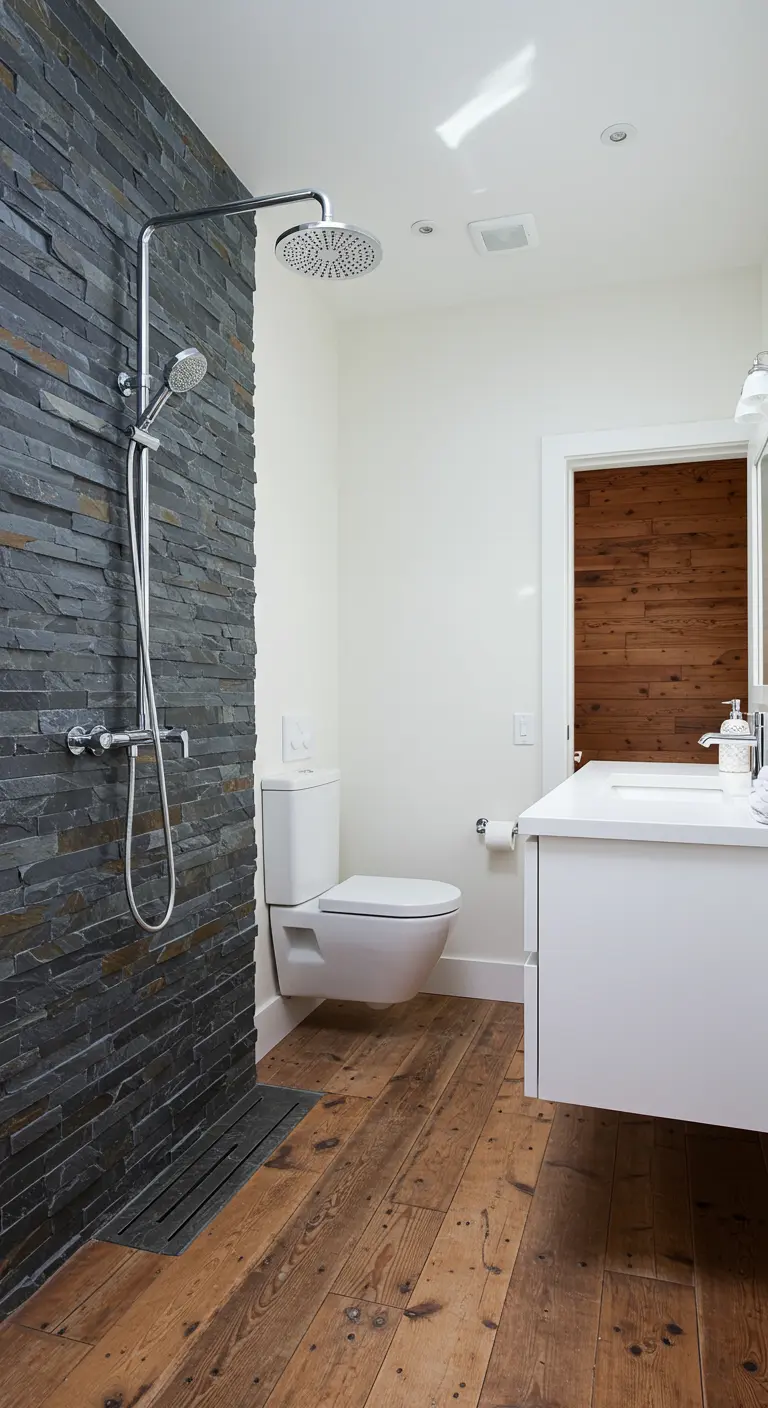 Baño con una impresionante pared de ducha de pizarra apilada y suelo de madera.