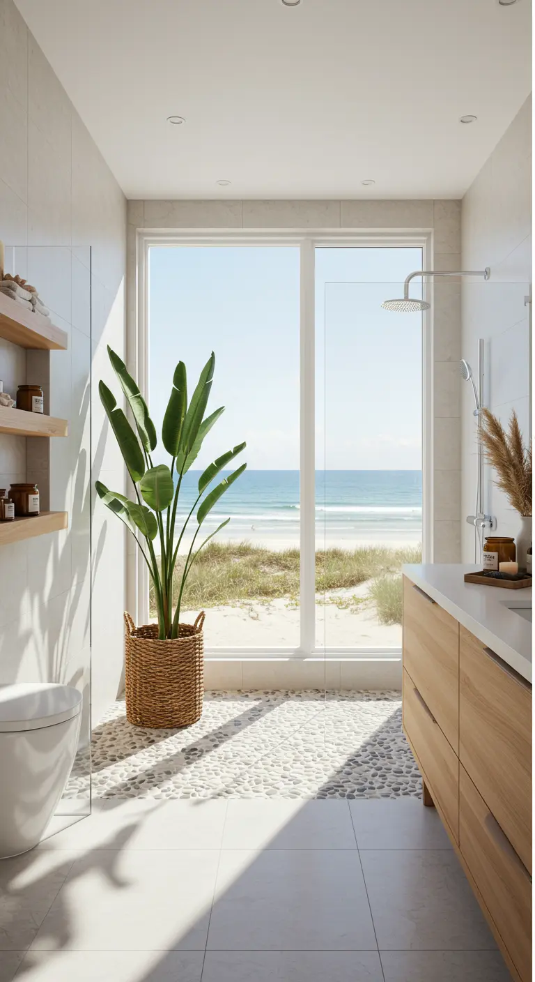 Baño moderno con suelo de guijarros, planta alta y vistas al mar.