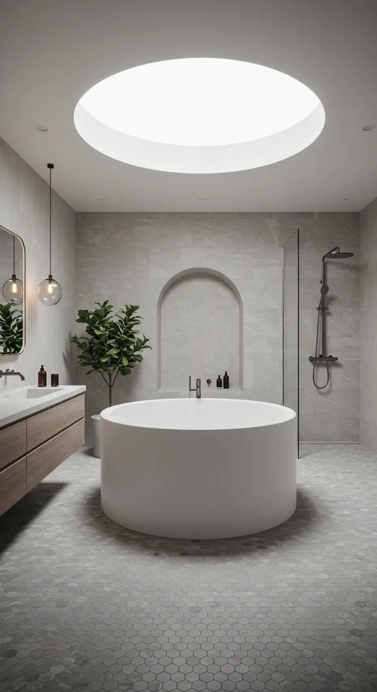 Baño con tragaluz circular sobre una bañera redonda y paredes de azulejo gris.