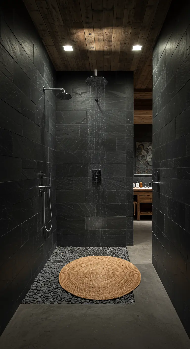 Ducha moderna y rústica con paredes de pizarra negra y una alfombra redonda de yute sobre suelo de guijarros.