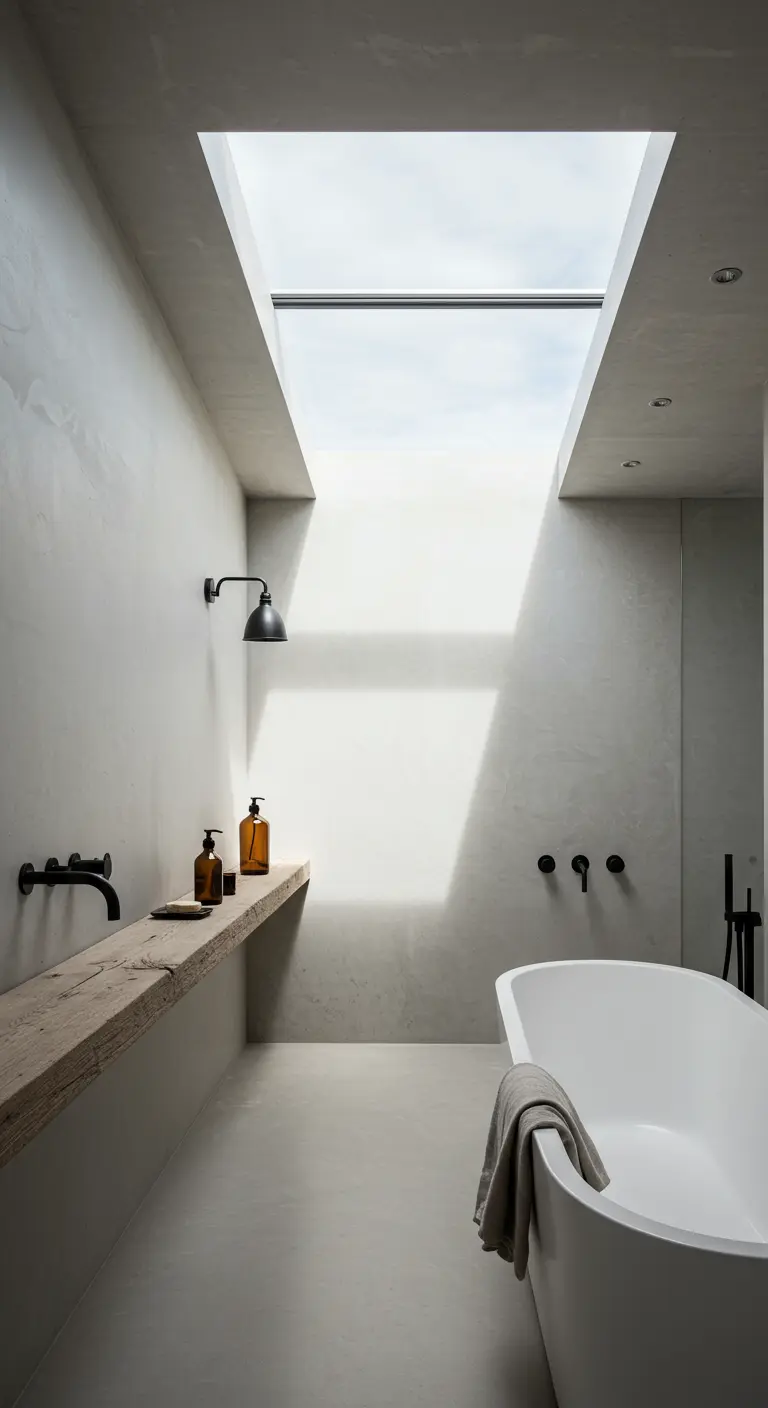 Baño minimalista con un gran tragaluz en el techo sobre la bañera y una balda de madera rústica.