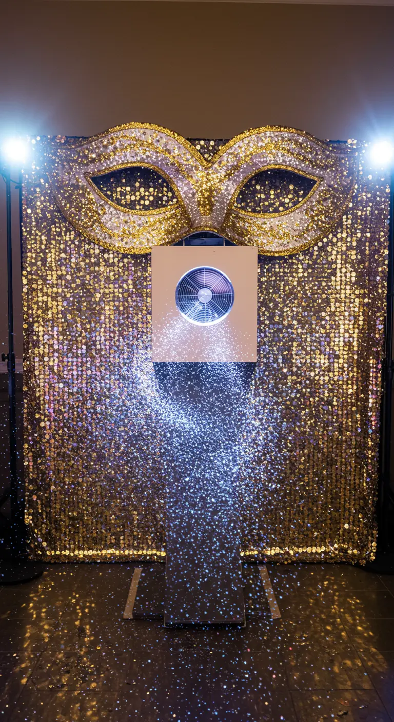 Photobooth con fondo de lentejuelas doradas, máscara de purpurina y un ventilador soplando glitter.