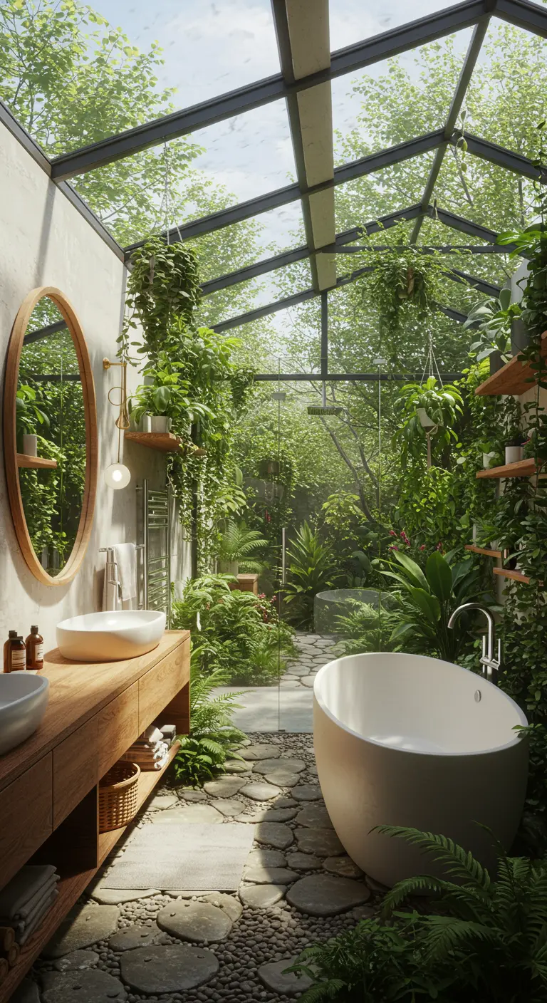 Baño tipo invernadero con techo de cristal, muchas plantas y un espejo ovalado de madera.