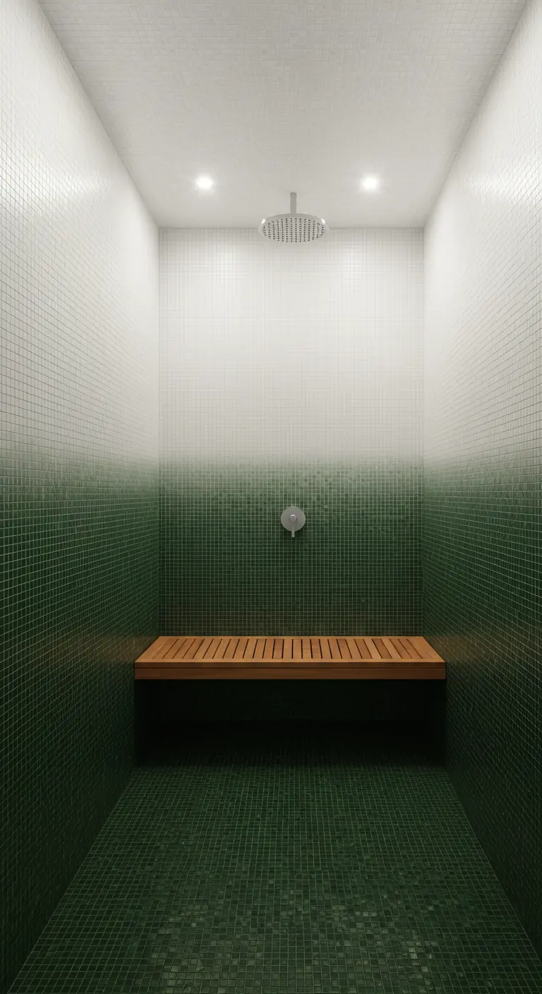 Ducha de obra con mosaico en degradado de verde a blanco y banco de madera.