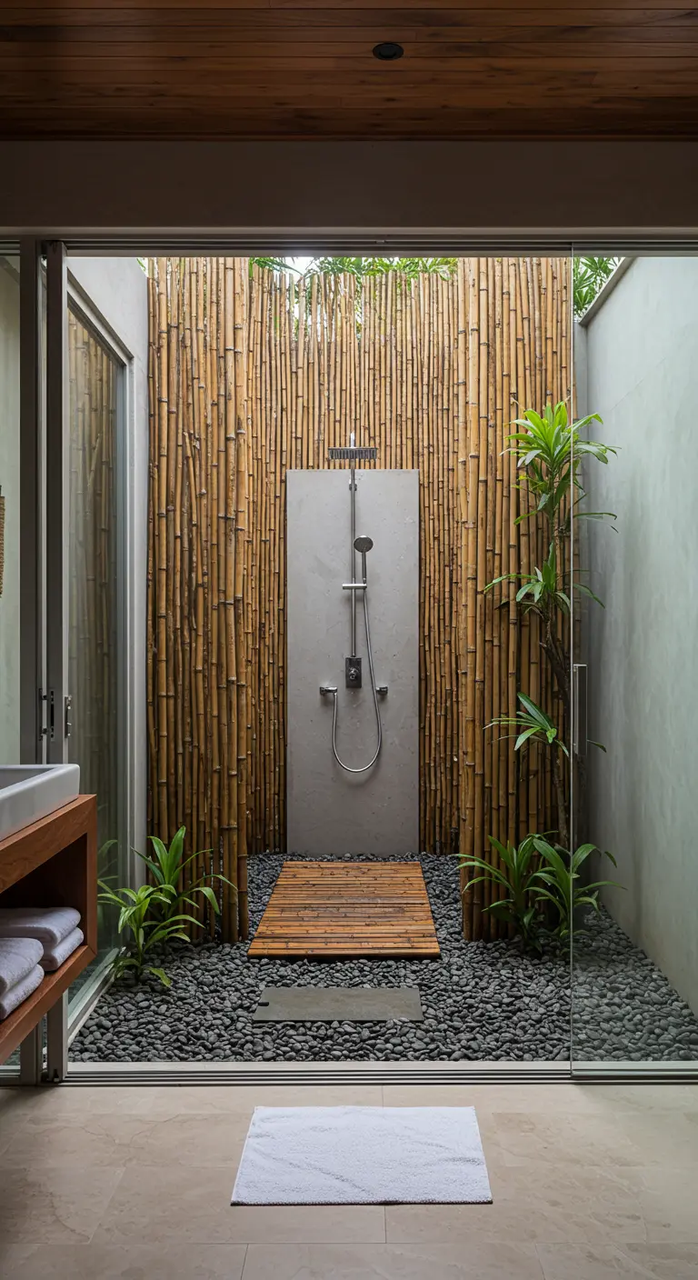 Ducha exterior rodeada por una pared alta de cañas de bambú naturales.